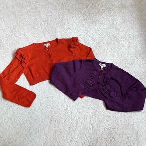 Girls Mayoral ruffled embroidered purple and orange cardigans